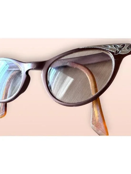 Vintage 1950s Art-Craft Aluminum Cat Eye Glasses – Frames with Floral Inlay - Picture 2 of 10